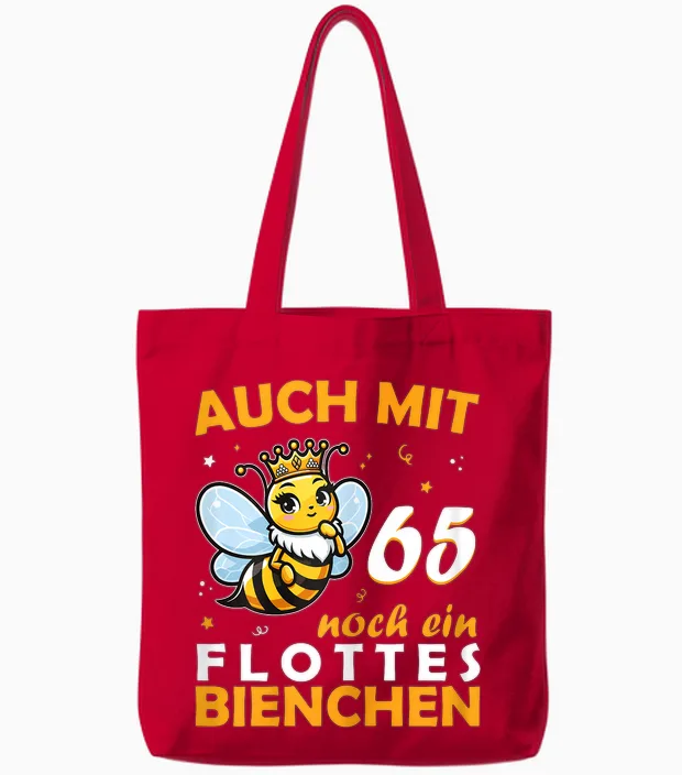 Women's 65th Birthday T-Shirt with 65 Years Still a Bee Motif, Black Tote Bags in Red