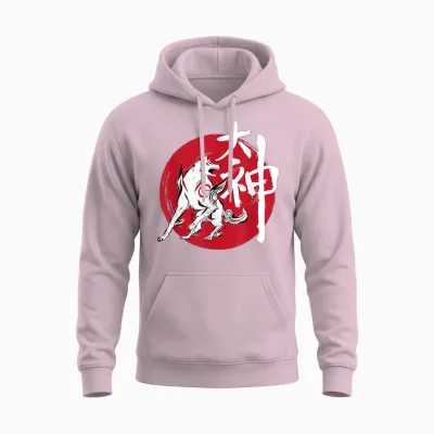 Okami Amaterasu Sun God Wolf the Great Wave Videogame T-Shirt, Black, S Unisex Hoodie - Light Pink