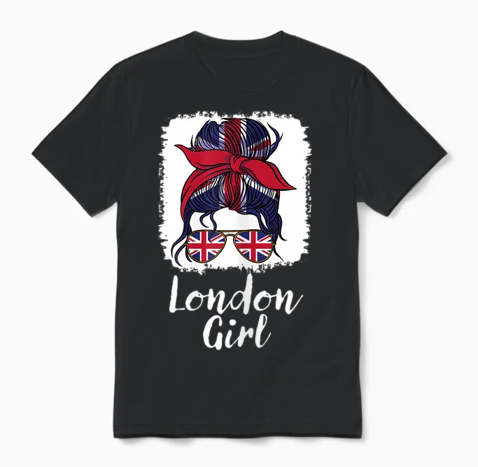 London Girl, London Girls, British Flag Uk Lass T-Shirt, Black Unisex T-Shirt in Black