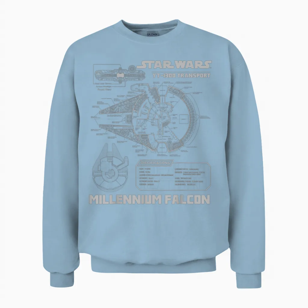 Star Wars Millennium Falcon Grey Schematics Graphic Unisex Sweatshirt in Light Blue