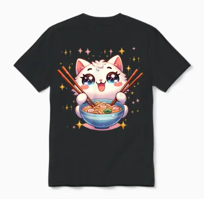 Katze Ramen Essen Nudeln Manga Anime Japanisch Kawaii Cute T-Shirt, Black Unisex T-Shirt - Black