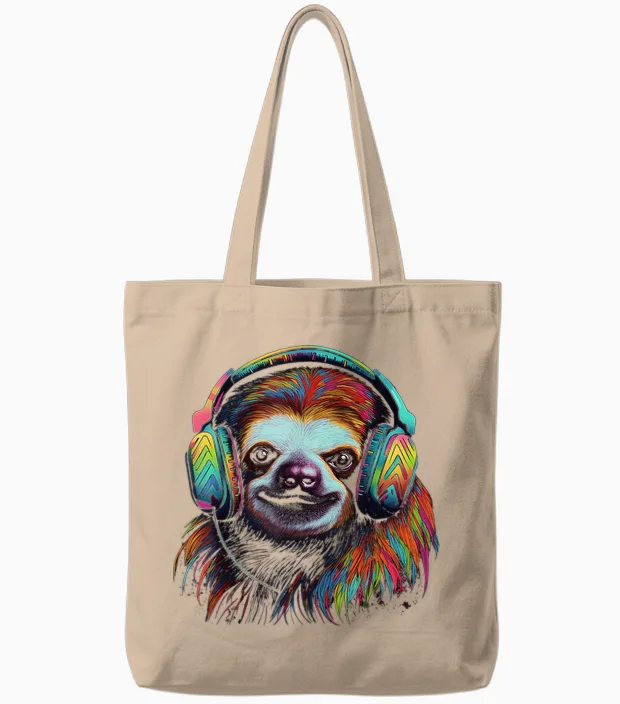 Faultier Kunstwerk Musik Bunte Tier Kopfhörer Faultier Tote Bags in Natural
