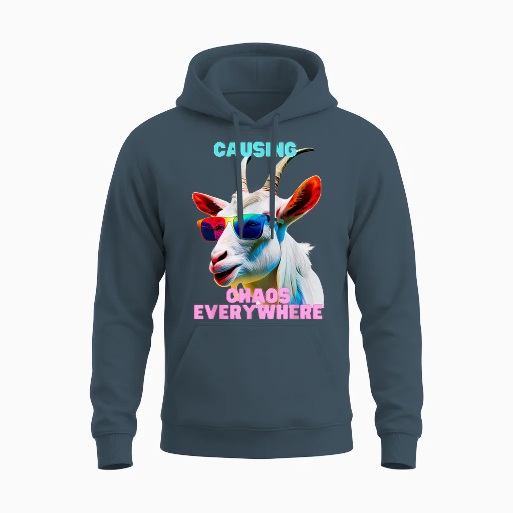 Causing Chaos Everywhere, Exciting, Funny Crazy Goat Unisex Hoodie in Dark Heather