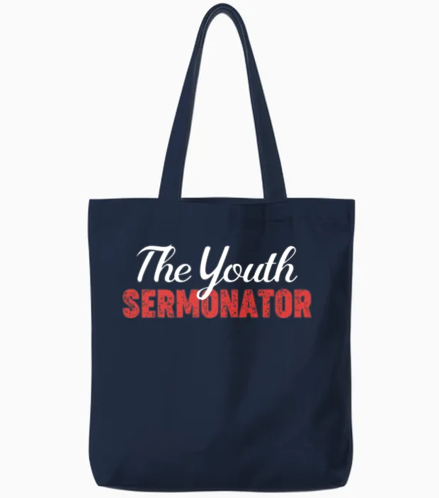 The Youth Sermonator Funny Youth Pastor Teen Tote Bags in Navy