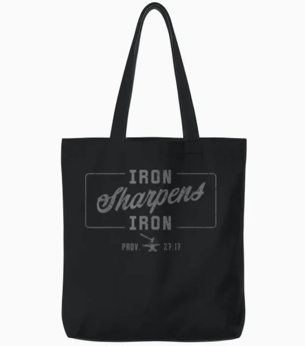 Iron Sharpen's Iron Christian Men Bible Scripture Gym Workout Tote Bags in Black