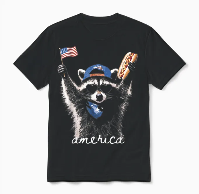 Retro Funny America Raccoon Hot Dog Lovers Patriotic Us Unisex T-Shirt in Black