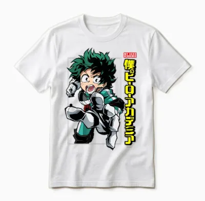 My Hero Academia Deku Action Pose with Kanji Anime Unisex T-Shirt - White