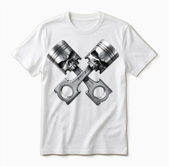 Skull Engine Piston Skull Motorsport Tuning T-Shirt, Black, S Unisex T-Shirt in White