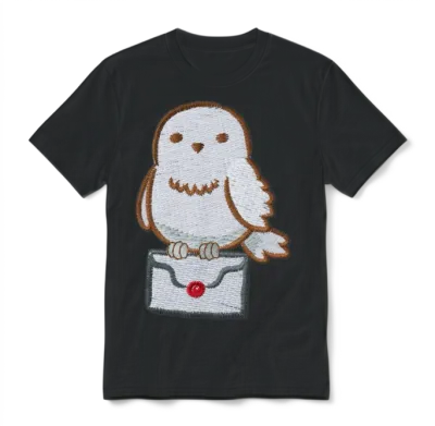 Harry Potter Hedwig with Letter Embroidery Design Unisex T-Shirt - Black