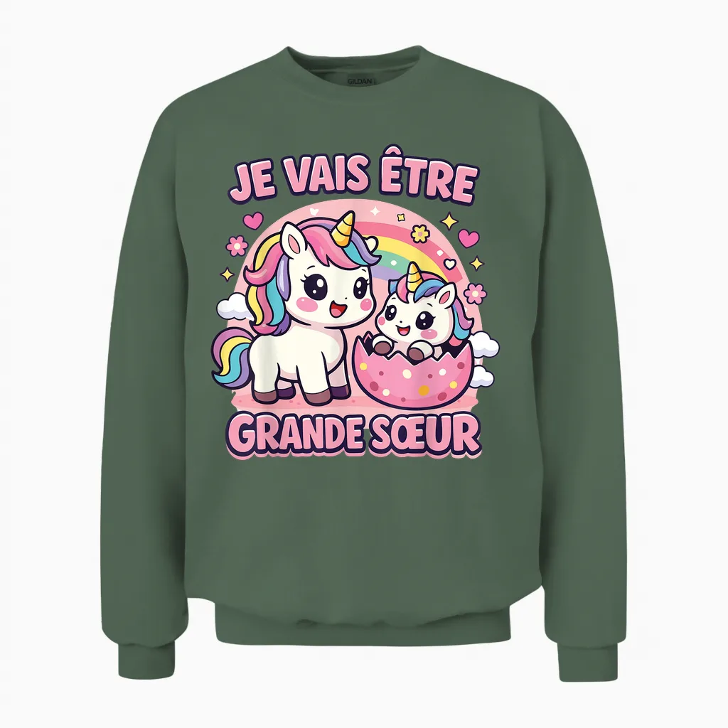 Je Vais être Grande Sœur Licorne Cadeau Annonce Grossesse Unisex Sweatshirt in Military Green