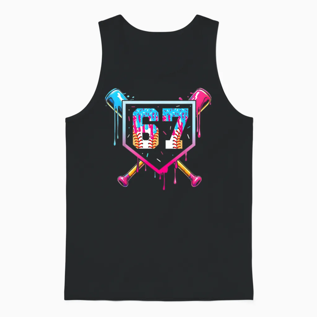 Baseball Ice Cream Drip Number 67 Player 67th Birthday Unisex Tank Top in Black