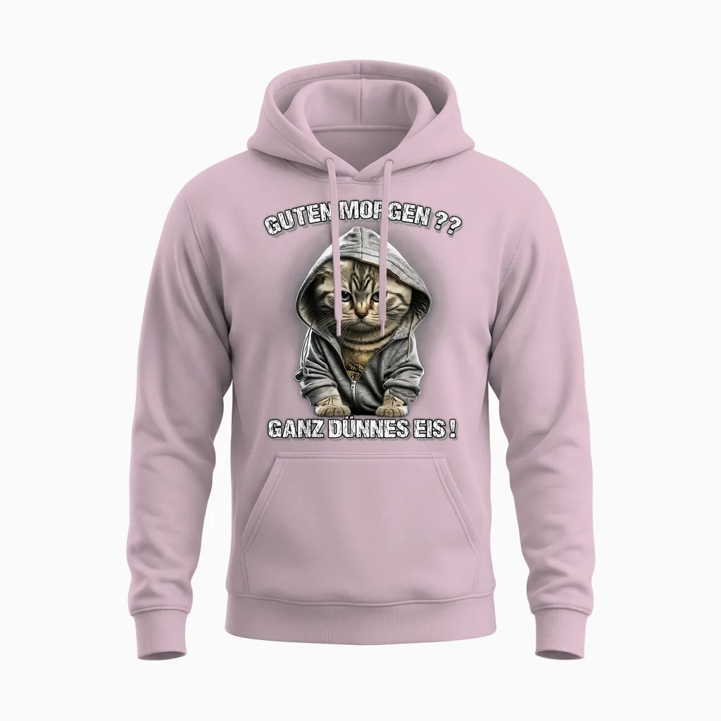 Guten Morgen? Ganz Dünnes Eis! Funny Cats Coffee T-Shirt, Black Unisex Hoodie in Light Pink