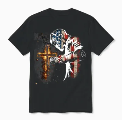 Welder American Flag Mig Tig Welding Faith Cross Christian Unisex T-Shirt - Black