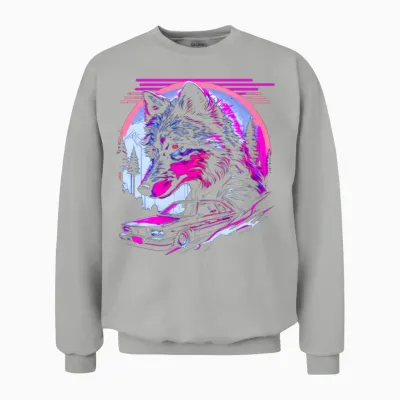 Retro Synthwave Gangster Wolf Unisex Sweatshirt - Ash