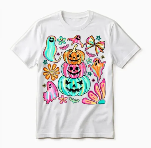 Colorful Boho Halloween Pumpkins Unisex T-Shirt in White