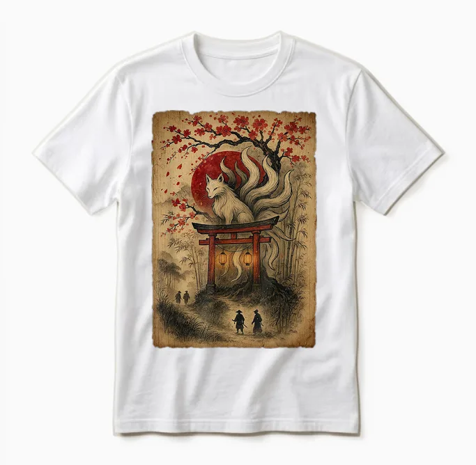 Japanischer Vintage-Fuchs Mit Kirschblüten Unisex T-Shirt in White
