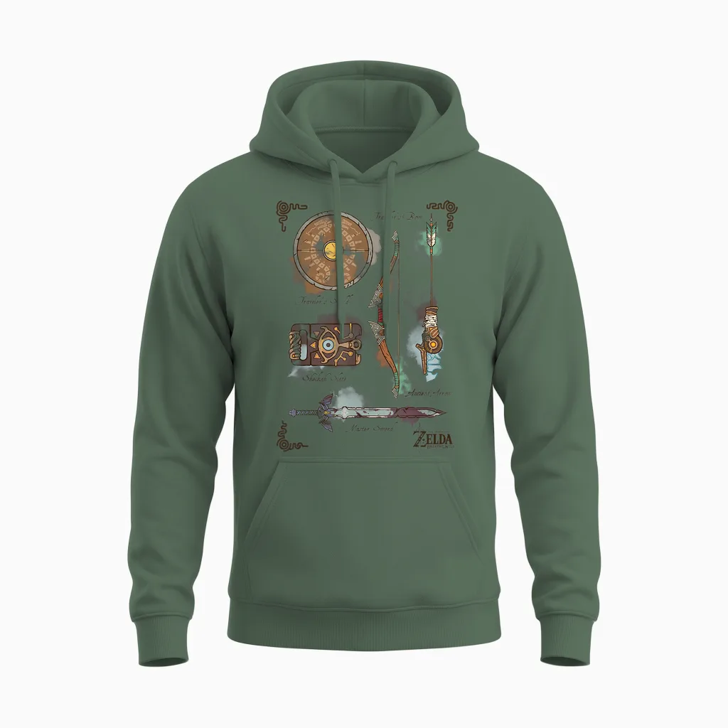 Zelda Breath of the Wild Link Inventory Graphic Unisex Hoodie in Military Green
