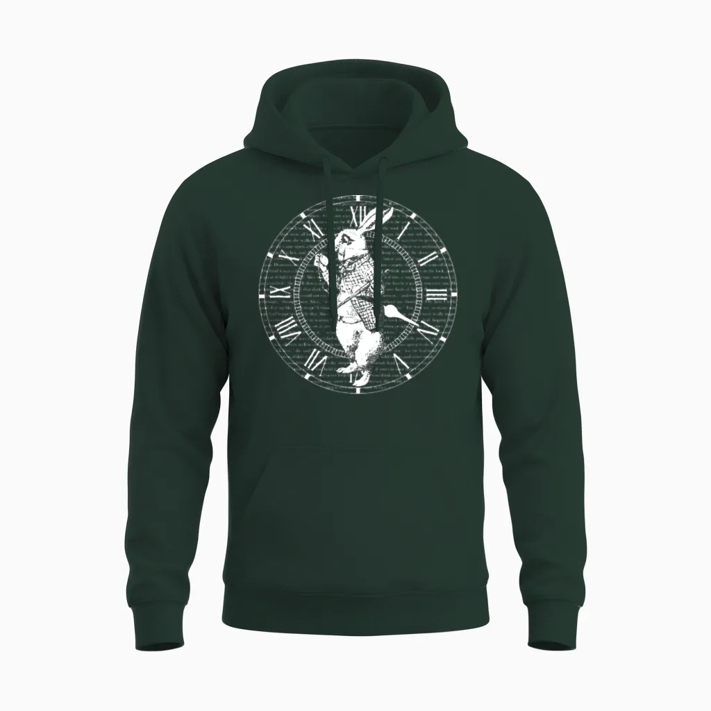 White Rabbit Vintage Clock Steampunk Unisex Hoodie in Forest