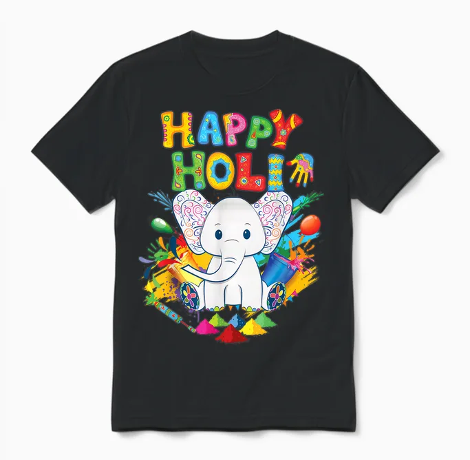 Kids Happy Holi Festival India Color Elephant Hindu Unisex T-Shirt in Black