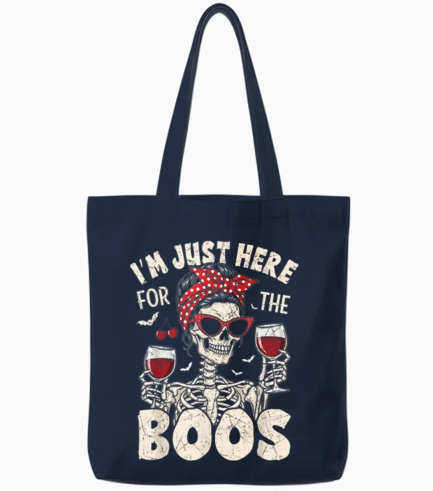 Women Halloween Funny I'm Just Here for the Boos Skeleton Tote Bags in Navy