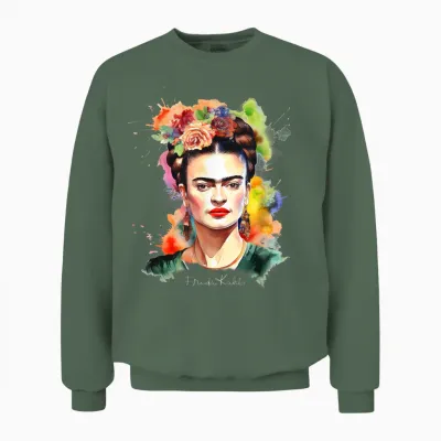 Frida Kahlo - Damen T-Shirt Schwarz V-Ausschnitt Kurzarm Small Eu 16.5 Unisex Sweatshirt - Military Green