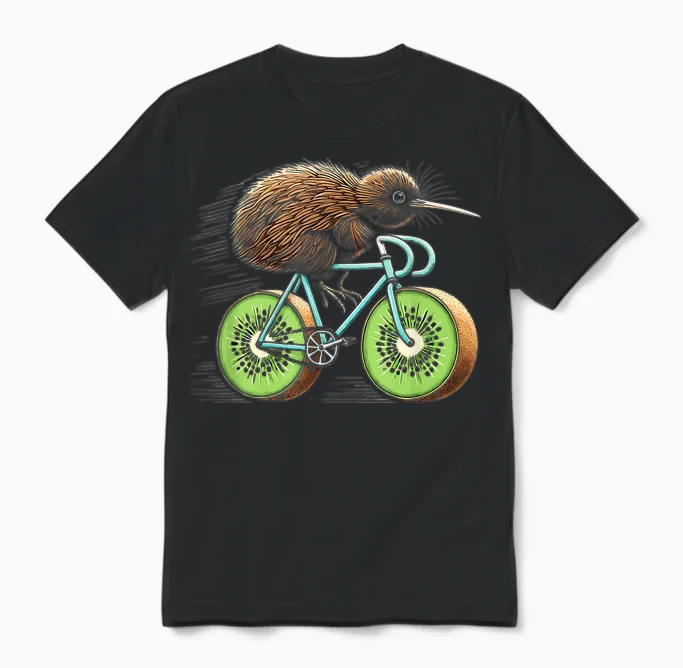 Kiwi Bird Riding Bicycle Funny Kiwi Fruit Wheels Bicycle T-Shirt, Black Unisex T-Shirt in Black