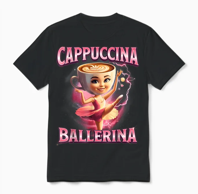 Cappuccino Ballerina Italian Brainrot Funny Memes Unisex T-Shirt in Black