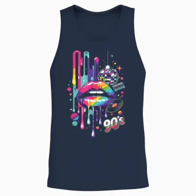Colourful 90s Lips Retro Disco Cassette Vinyl Party Unisex Tank Top - Navy