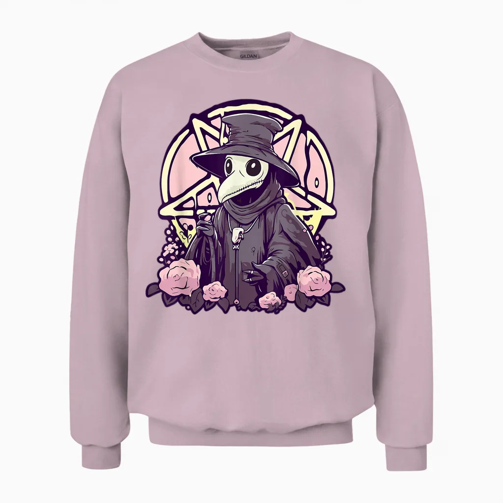 Pastel Goth Gruselige Pest Doctor Rosen Und Pentagramm Kawaii Unisex Sweatshirt in Light Pink