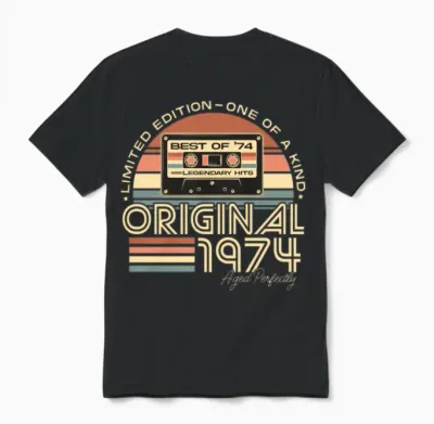Vintage 1974 Retro 50th Birthday Present Unisex T-Shirt - Black