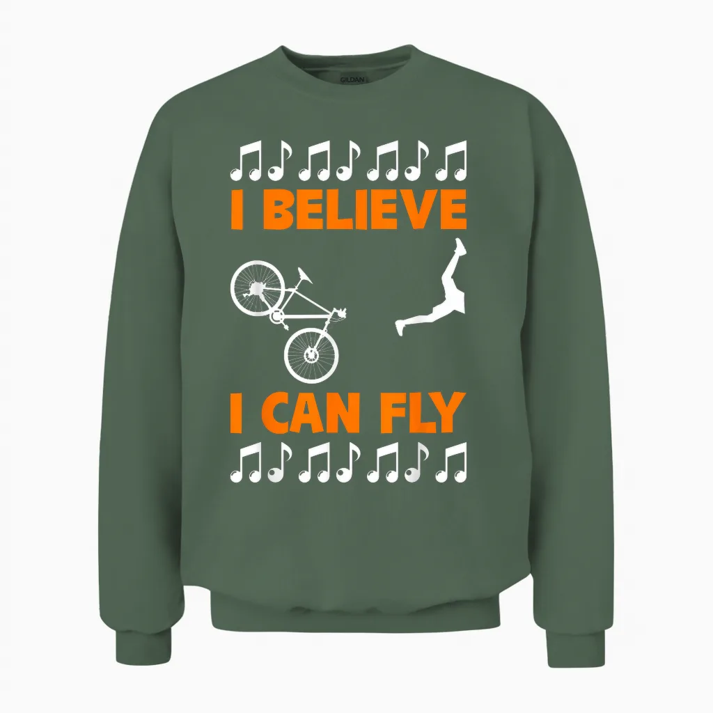 Bike & Accident | Funny Fall Bike | I Believe I Can Fly Unisex Sweatshirt in Military Green