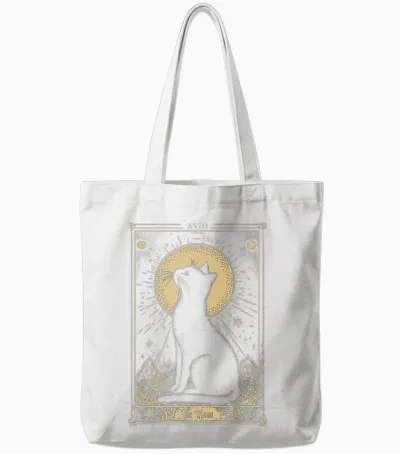 Gothic Tarot Card the Moon Cat Crescent Mystical Art T-Shirt, Black, S Tote Bags - White