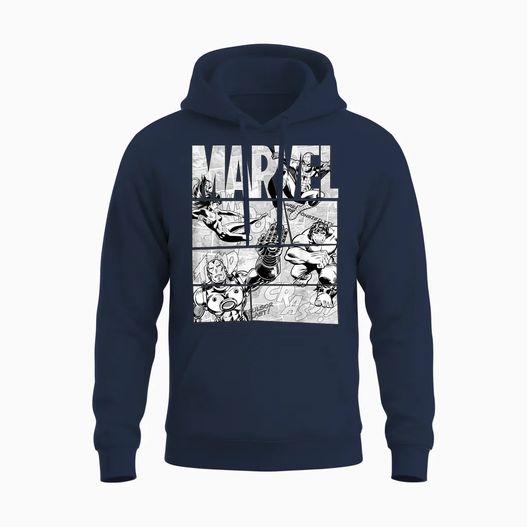 Marvel Avengers Retro Black and White Comic Graphic Short Sleeve Unisex Hoodie in Navy