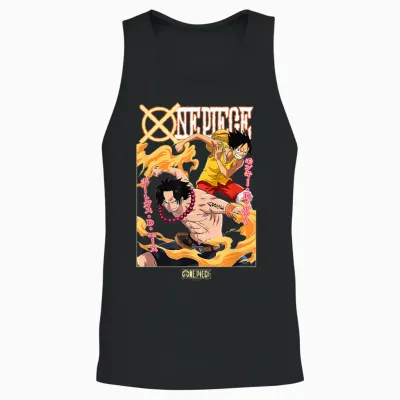 One Piece Anime Ace and Luffy Team Up Kanji Unisex Tank Top - Black