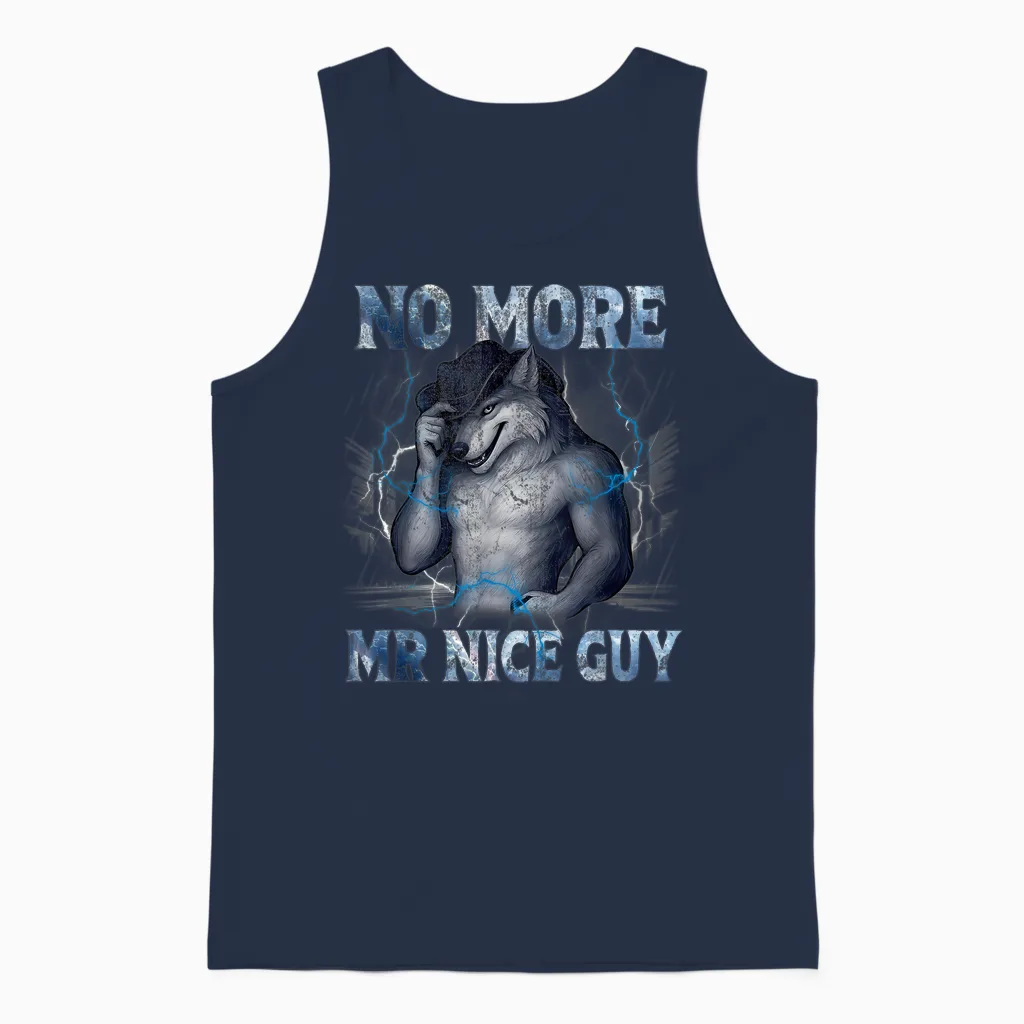 No More Mr Nice Guy Funny Alpha Wolf Meme Unhinged Brainrot Unisex Tank Top in Navy