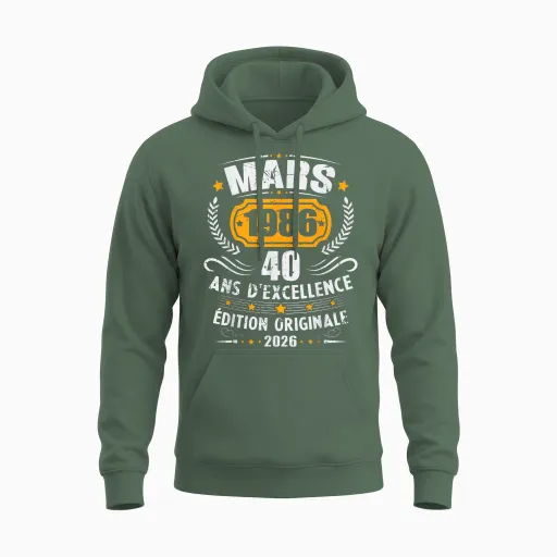 Vintage March 1986 40th Birthday Gift Man Woman Unisex Hoodie - Military Green