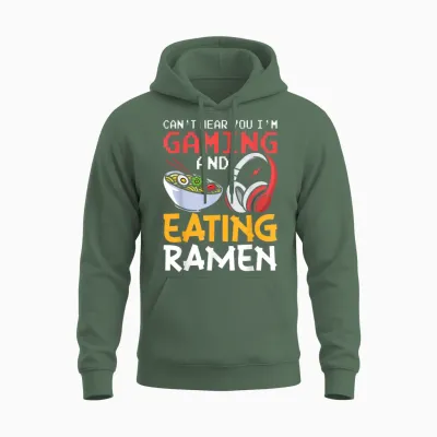 Funny Can't Hear You I'm Gaming and Eating Ramen Gamer Unisex Hoodie - Military Green