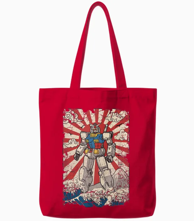 Japanese Mecha Anime Robot Kanagawa Great Wave Manga Tote Bags in Red