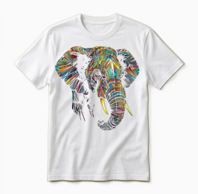 Elephant T-Shirt with Colourful Animal Design, Black Unisex T-Shirt in White