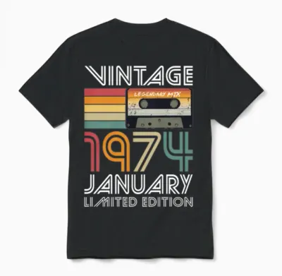 50th Birthday Vintage January 1974 Limited Edition Unisex T-Shirt - Black