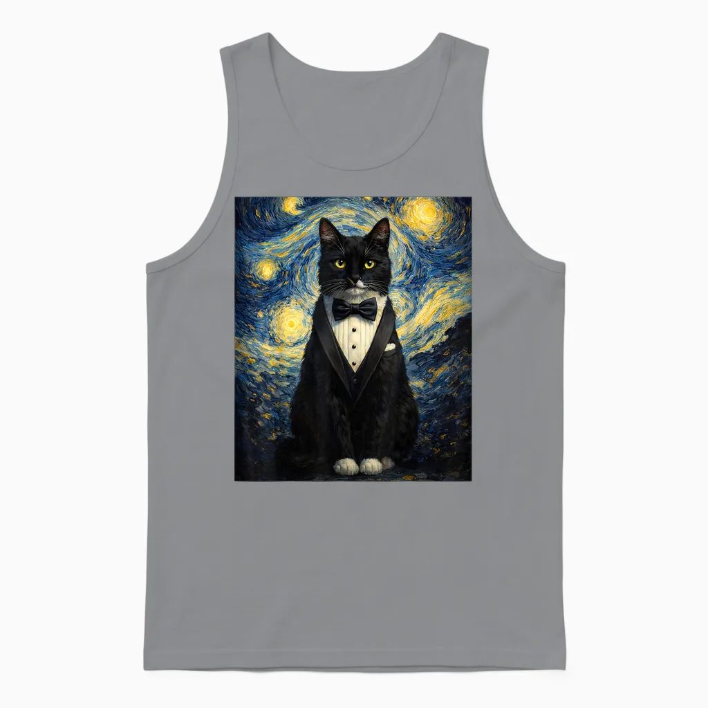 Tuxedo Cat Starry Night Van Gogh Inspired Painting Black Cat Unisex Tank Top in Sport Grey