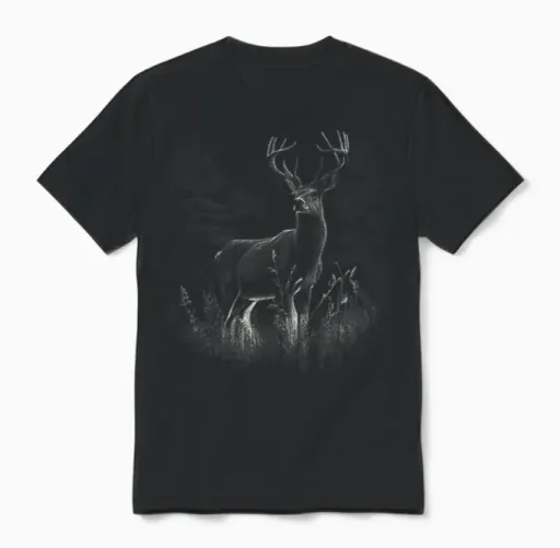 T-Shirt Deer in the Forest Nature Animals Deer Lovers, Green Unisex T-Shirt in Black