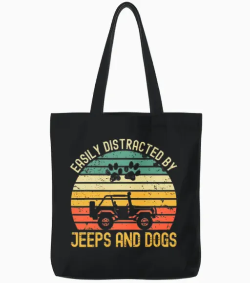 Easily Distracted by Jeeps and Dogs Vintage Jeeps Tote Bags in Black