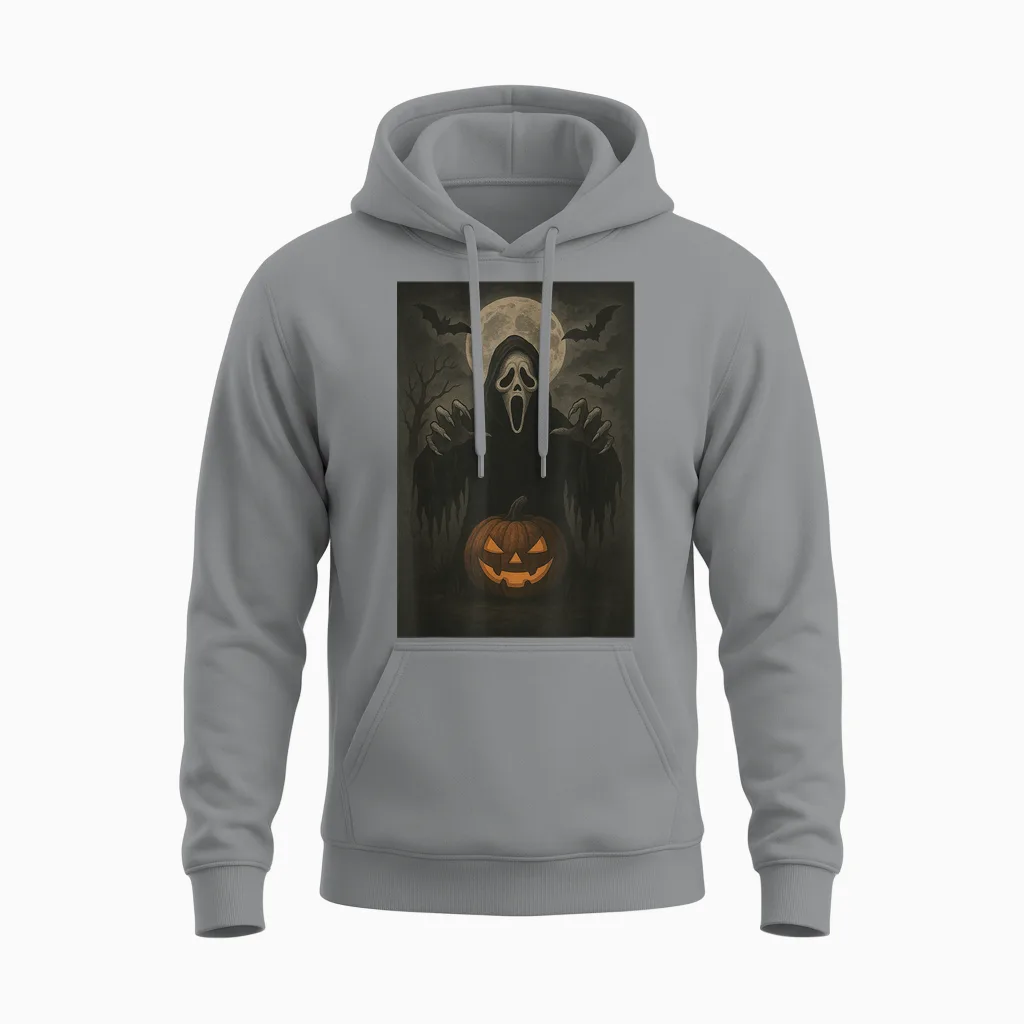 Scary Face Ghost Mask Pumpkin Moon Spooky Halloween Horror Unisex Hoodie in Sport Grey
