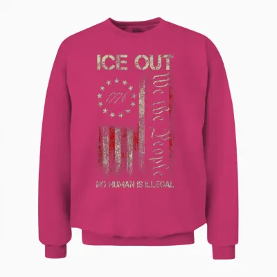 Ice Out No Human Is Illegal Us Flag Distressed Men Women Unisex Sweatshirt - Heliconia