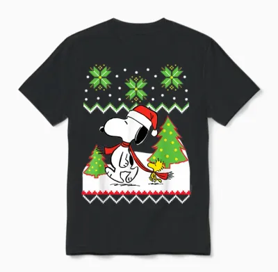 Peanuts Santa Snow Snoopy and Woodstock Unisex T-Shirt - Black