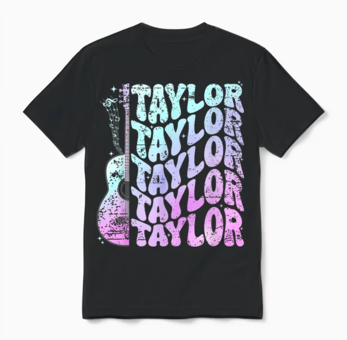 Girl Retro Taylor First Name Personalized Groovy 80's Pink Unisex T-Shirt in Black