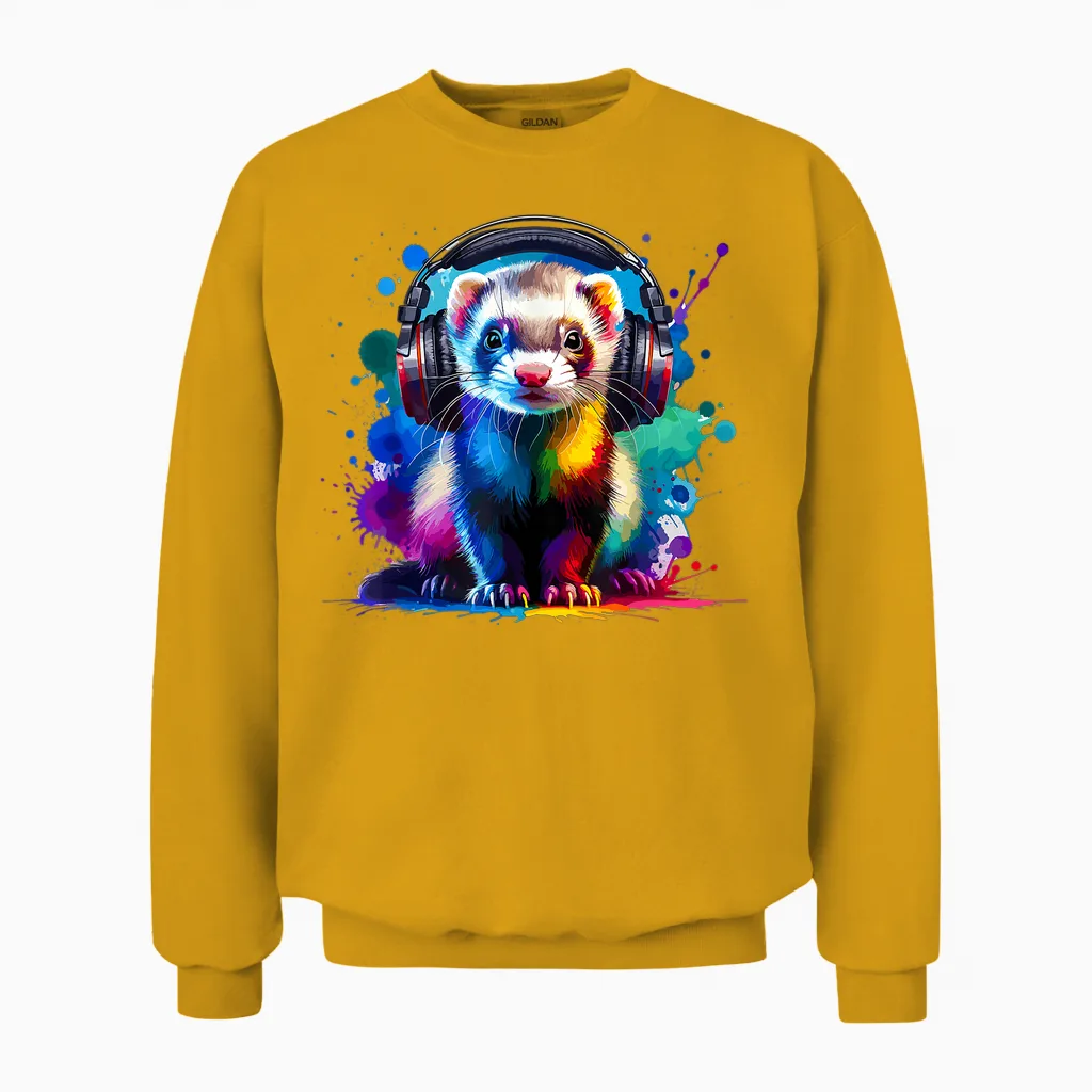 Bunte Splash-Art-Kopfhörer, Frettchen-Wiesel, Unisex Sweatshirt in Gold