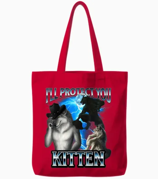 Funny Alpha Wolf Meme I'll Protect You Kitten Bootleg Tote Bags - Red