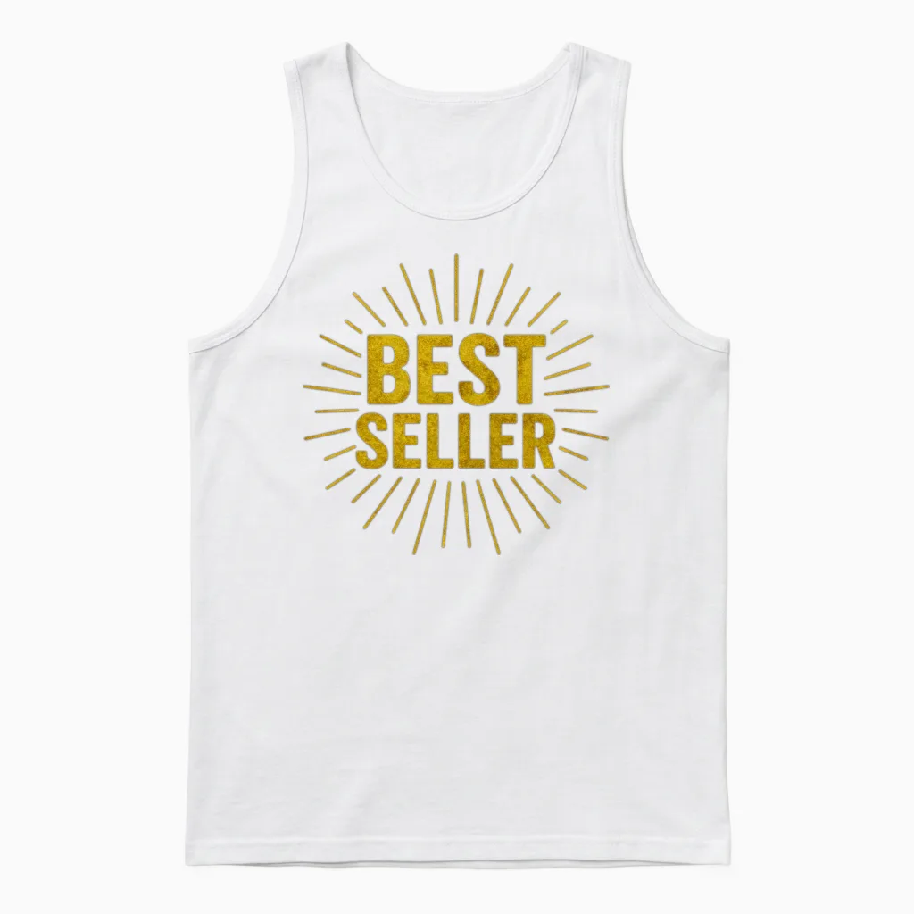 Gold Bestseller Burst Typography Unisex Tank Top in White